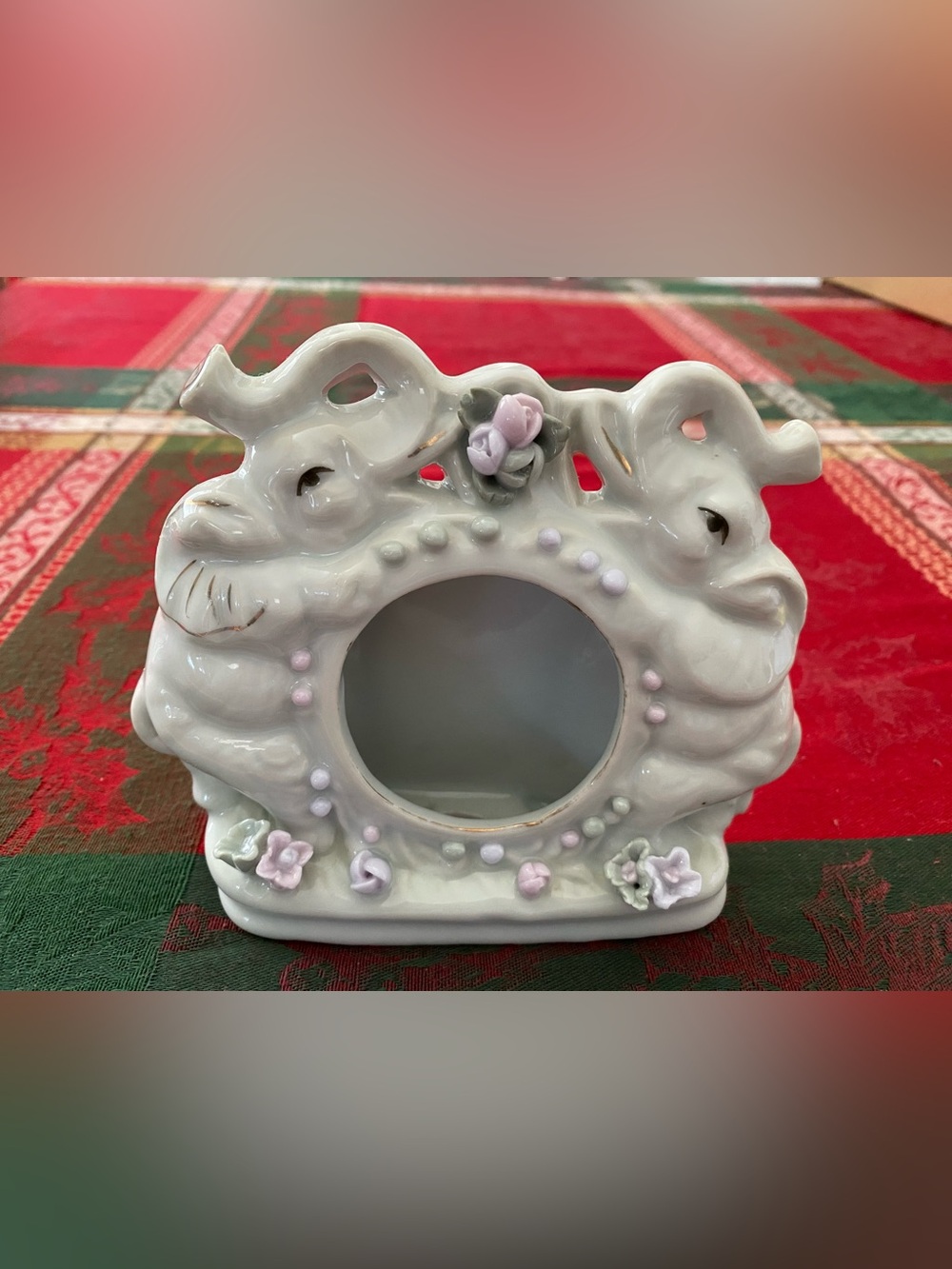 Vintage Loving Elephants White Ceramic Photo Frame with Pink Accent Flowers 5”